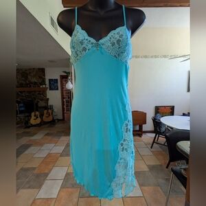 Turquoise Lace-Trim Slip Dress - Women Intimates & Sleepwear. Size M.
